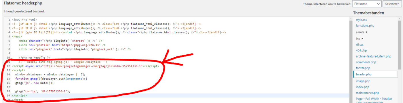 Google analytics code handmatig toevoegen aan header.php